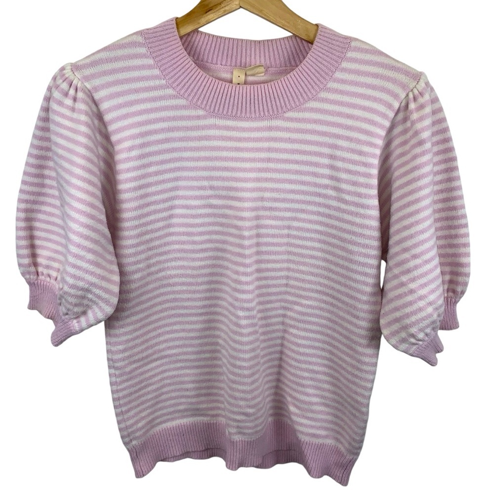 Anthropologie Pink Stripe Connelly Moth Sweater Puffed Shoulders Sleeves sz M